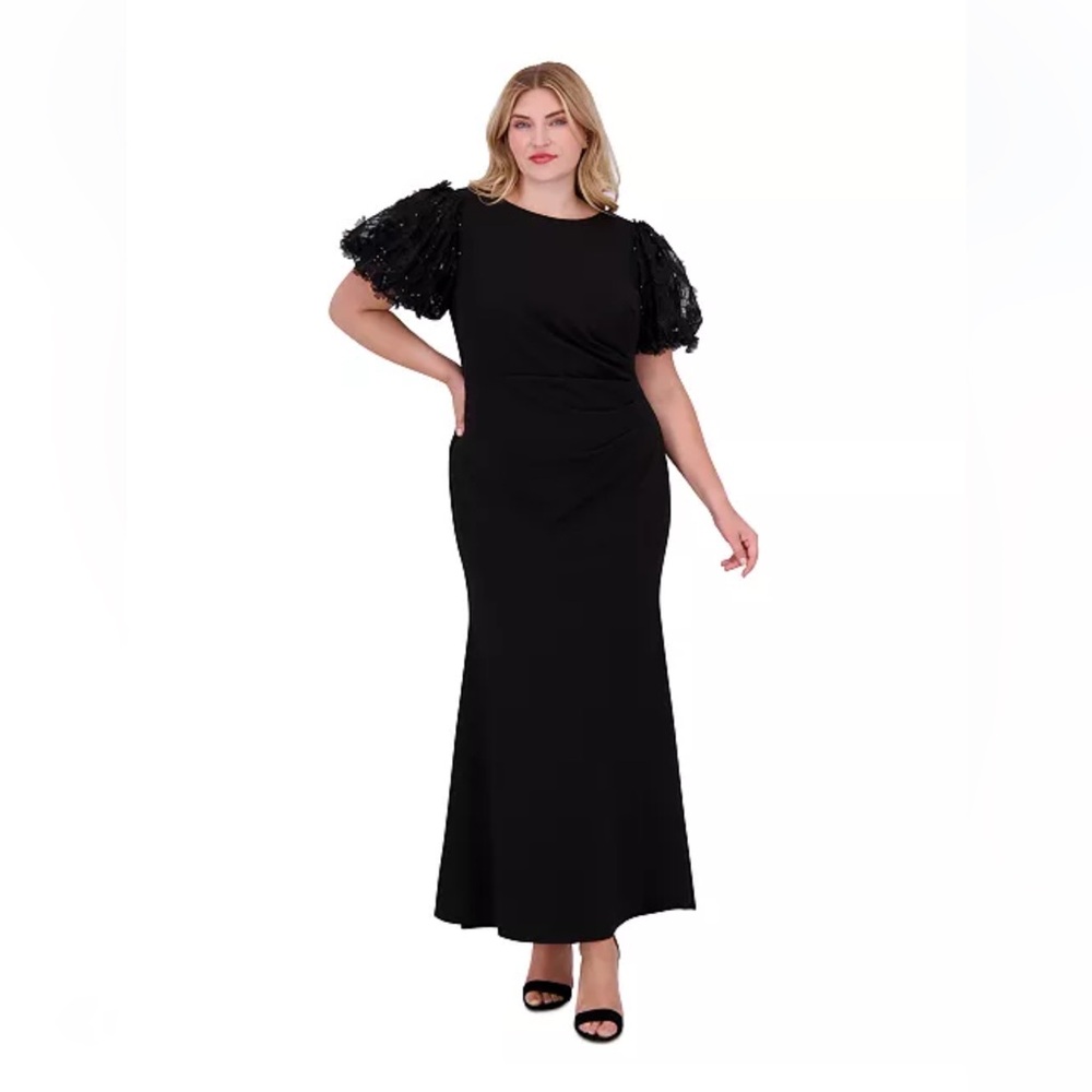 Eliza J Black Maxi Dress with Sequin Puff Sleeves